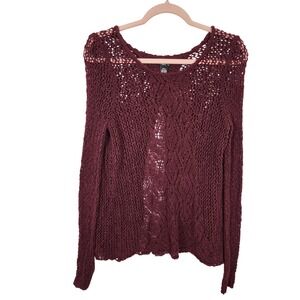 Rue21‎ Burgundy Crochet Knit Open Back Long Sleeve Top Boho Chic Small Y2K Retro